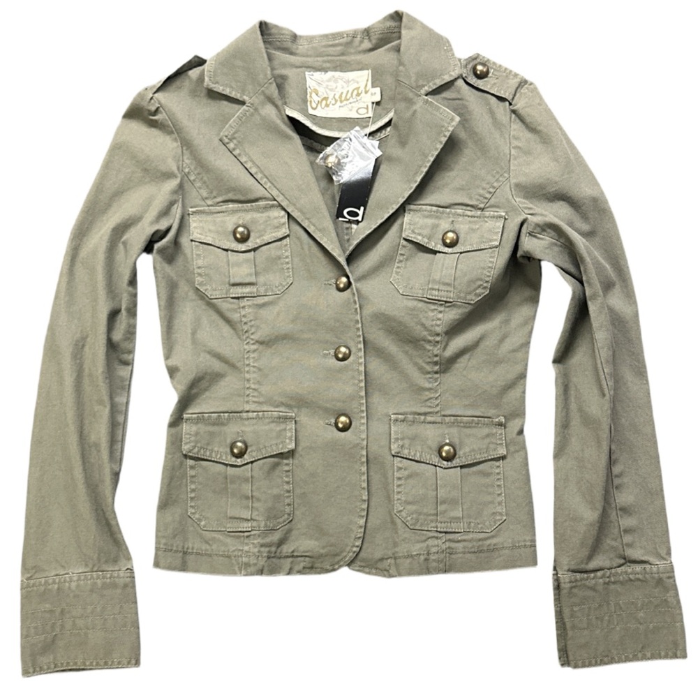 Y2K DYNAMITE women's safari green canvas jacket with gold hardware, S. BNWT.